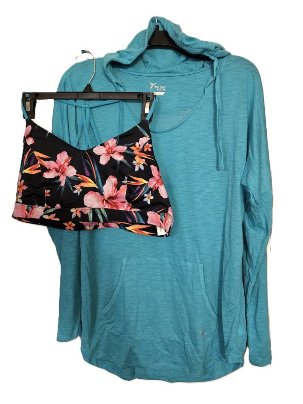 Old Navy Active Go-Dry 2-Pc Set: Teal Hoodie (L) & Tropical Floral Sports Bra (X